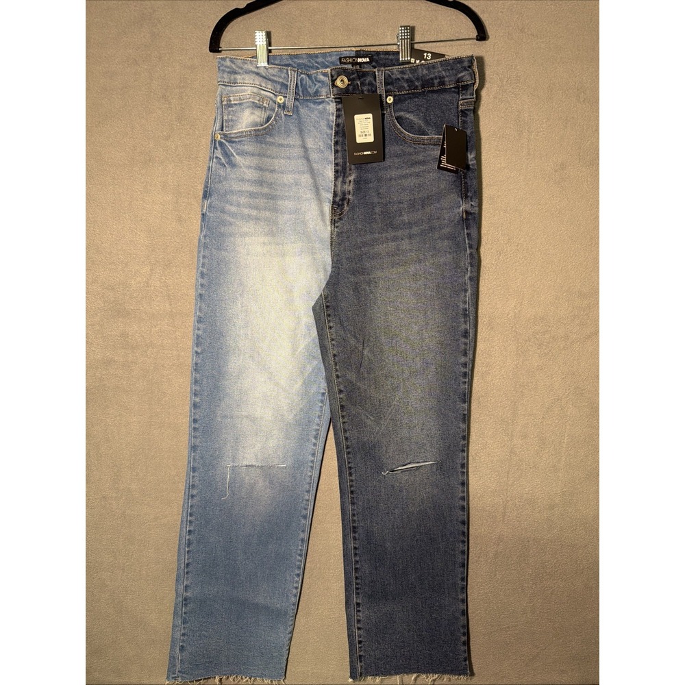 Fashion Nova Jeans Womens 13 Blue Straight Leg Stretch Two Tone Denim